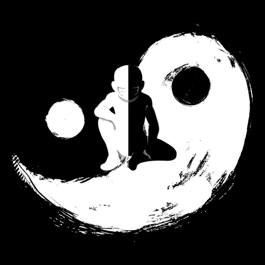 A figure half light and half dark, crouched between two orbs on a brush-stroke yin-yang.